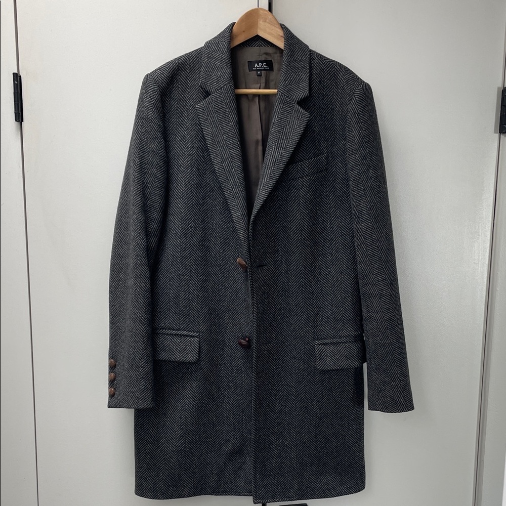 A.P.C. Men's Herringbone Pea Coat - Charcoal Gray